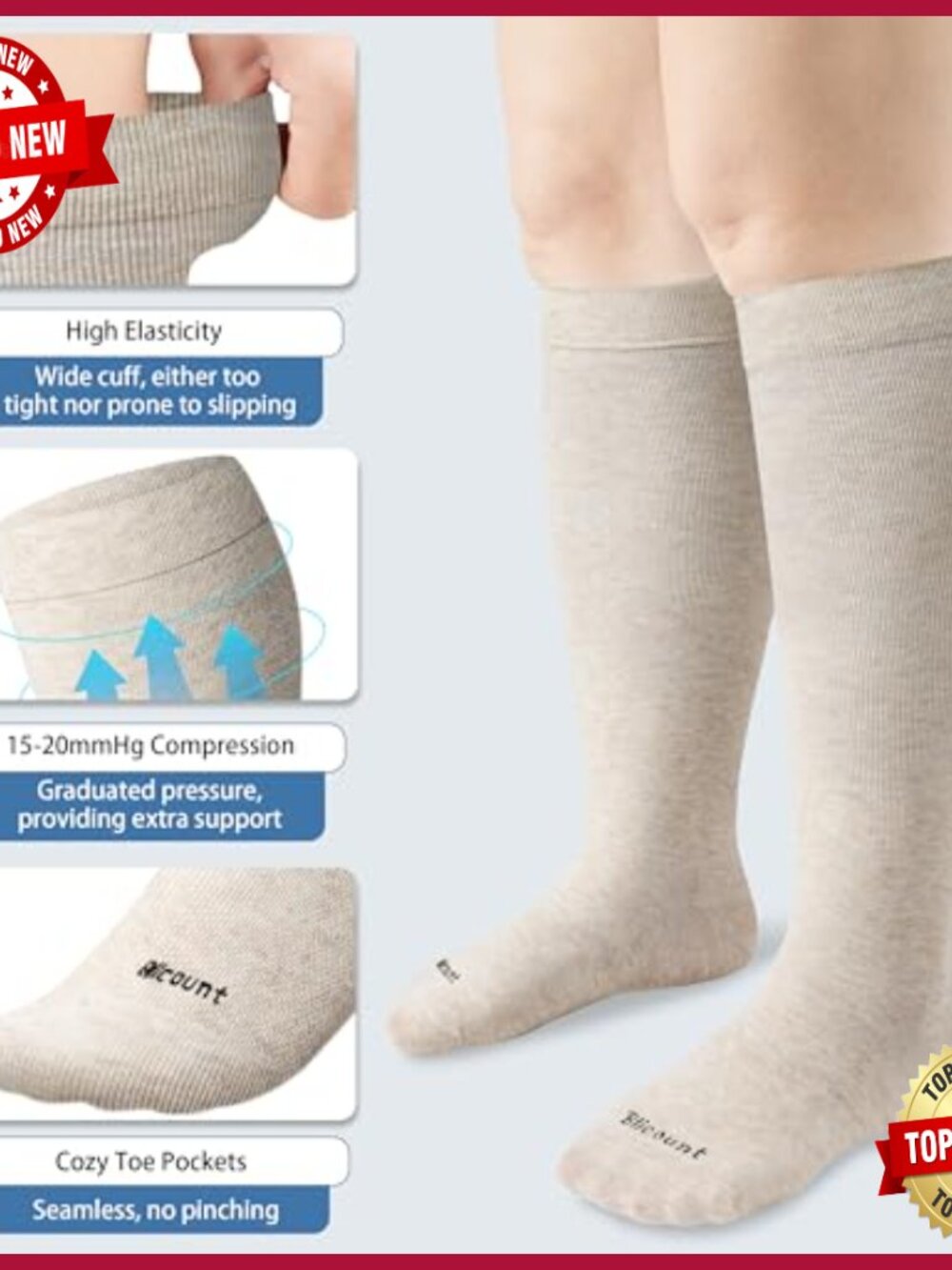 Plus Size Cotton Compression Socks 15-20 mmHg Wide Calf Knee High for Women Men - Picture 3 of 5
